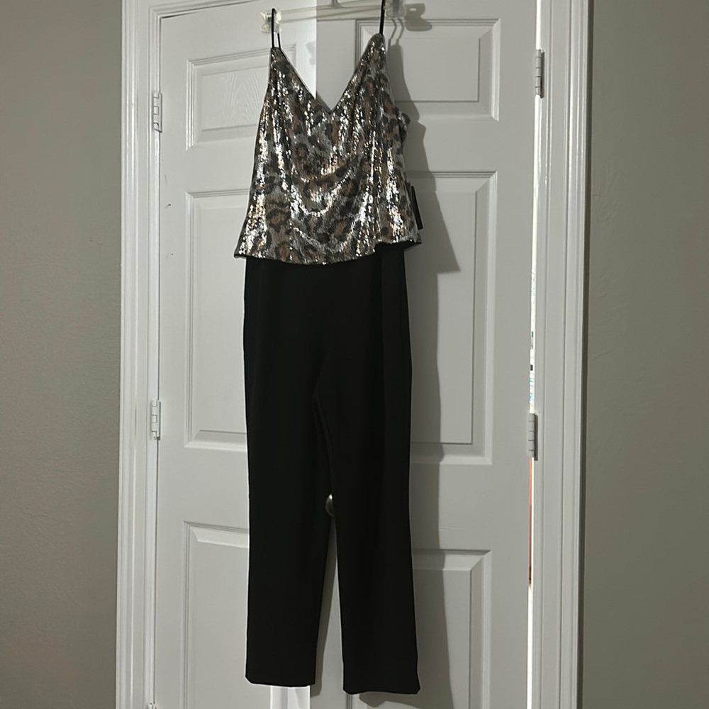 Adrianna Papell sequin cheetah jumpsuit